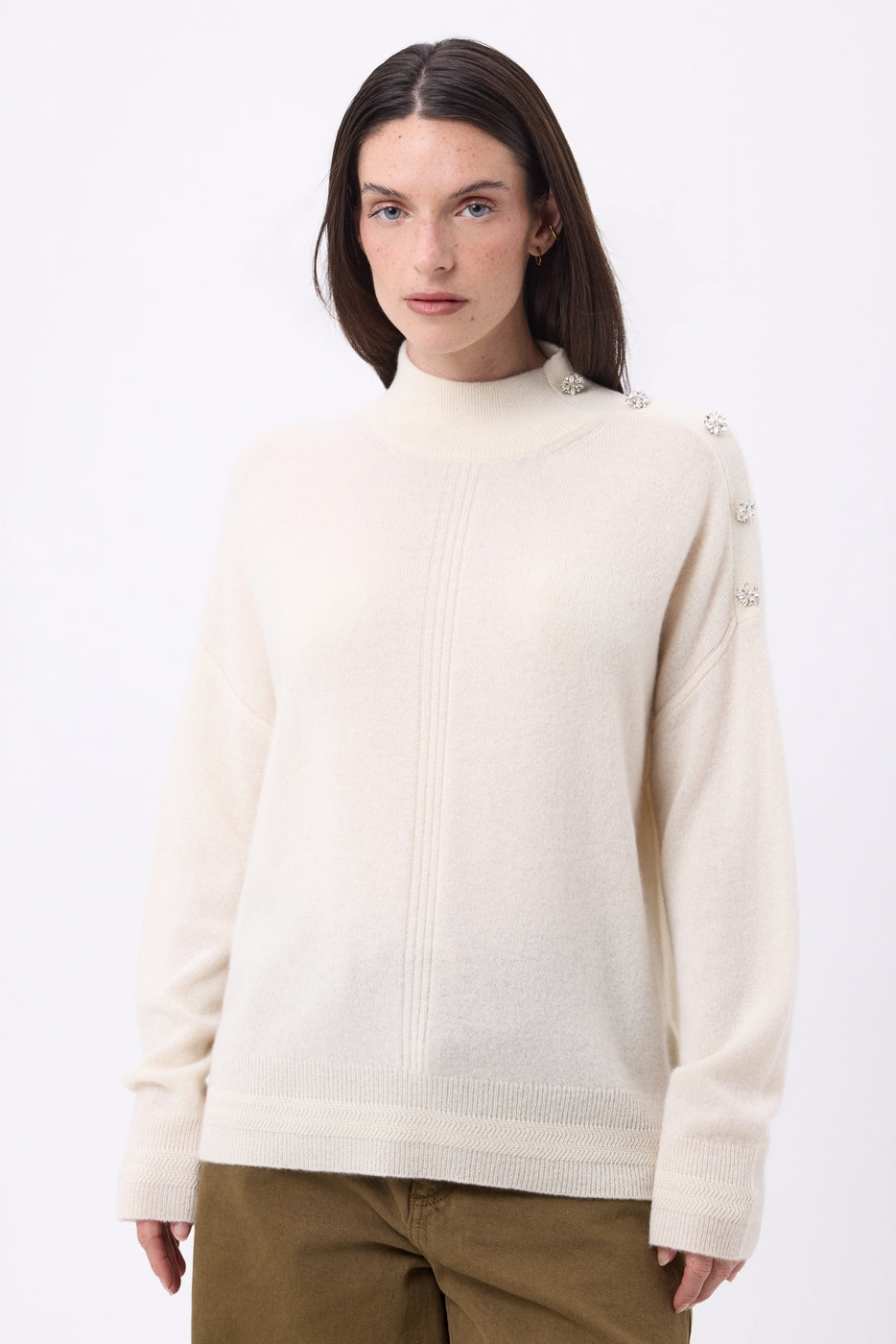 Jersey de cuello alto con joyas Baya - Blanco-botones plateados - Mujer