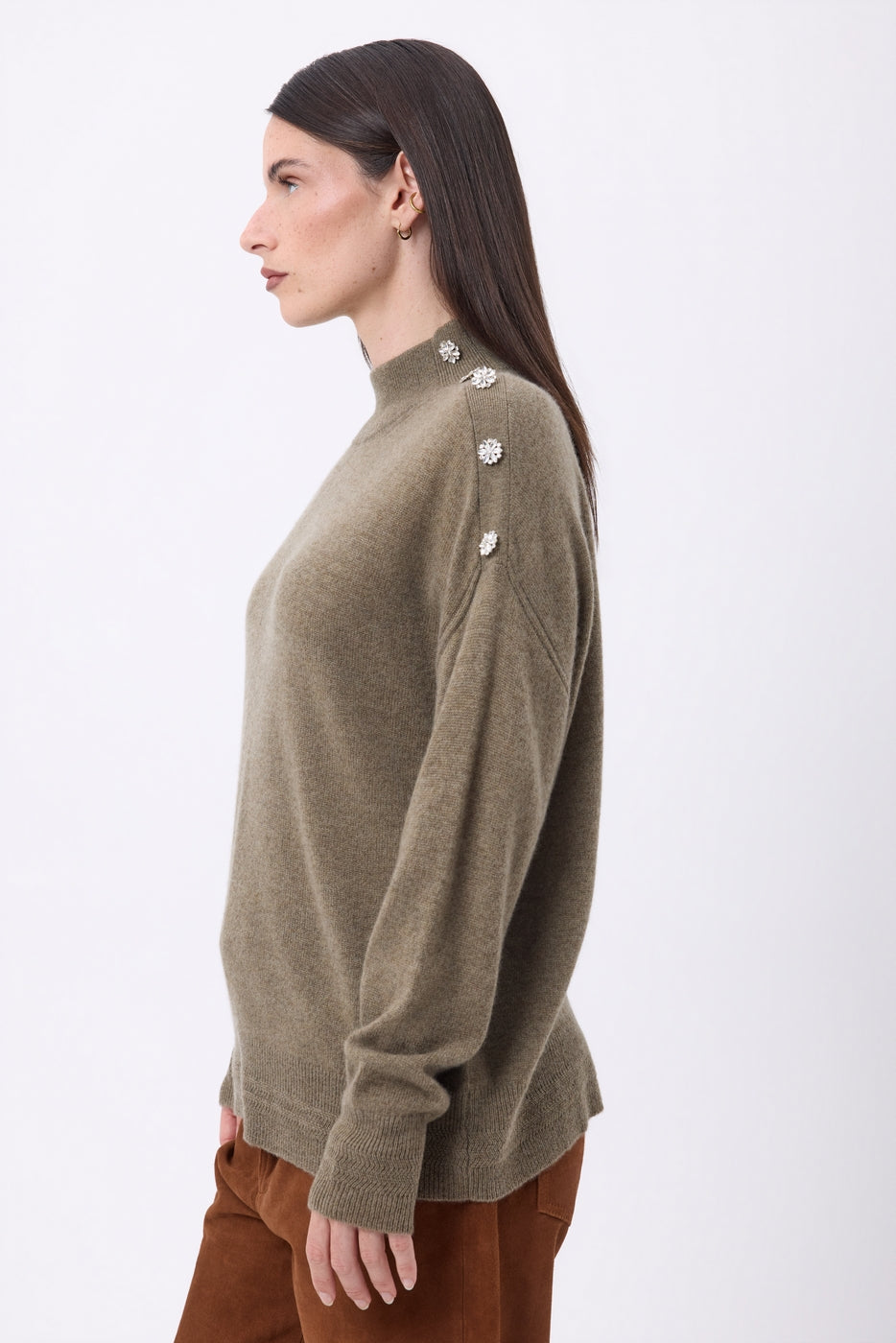 Rullekravestrik Med Smykkeknapper Baya - Khaki Meleret-Sølvknapper - Dame - 100% Kashmir