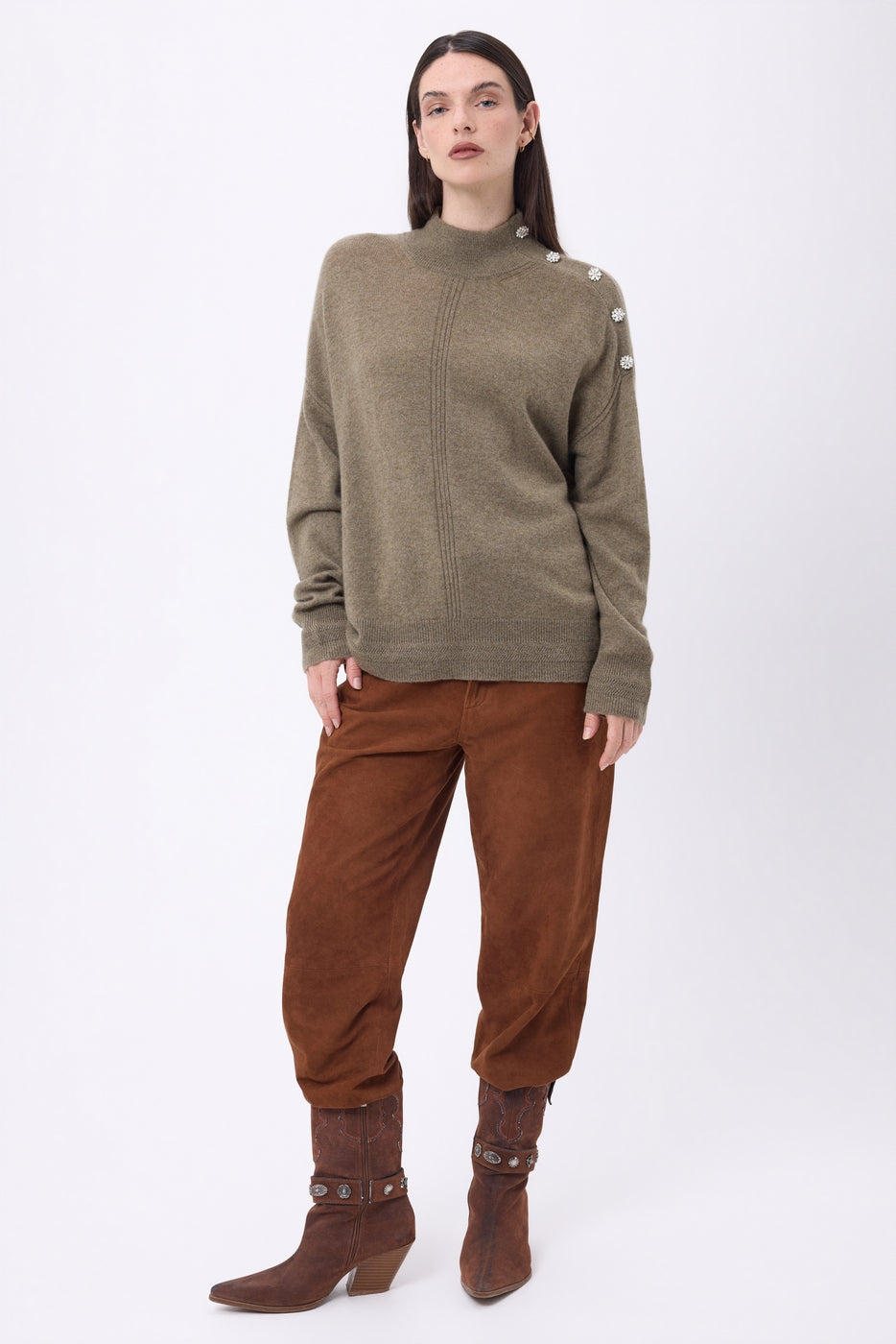 Rullekravestrik Med Smykkeknapper Baya - Khaki Meleret-Sølvknapper - Dame - 100% Kashmir