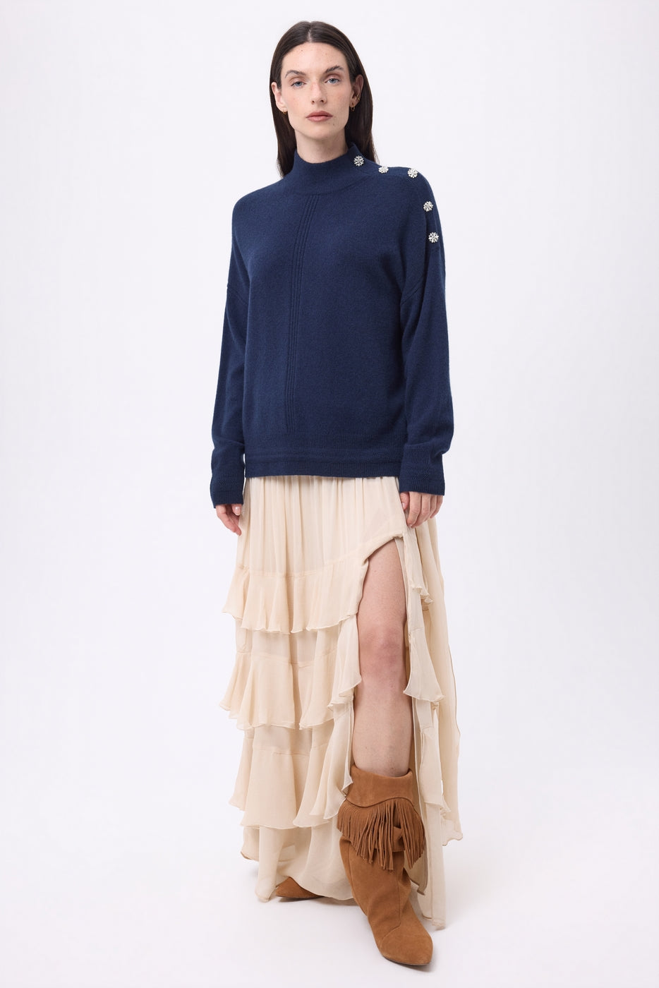 Pull Col Montant A Bijoux Baya - Bleu Marine-Boutons Argent - Femme