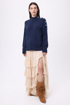 Pull Col Montant A Bijoux Baya - Bleu Marine-Boutons Argent - Femme
