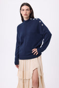 Pull Col Montant A Bijoux Baya - Bleu Marine-Boutons Argent - Femme