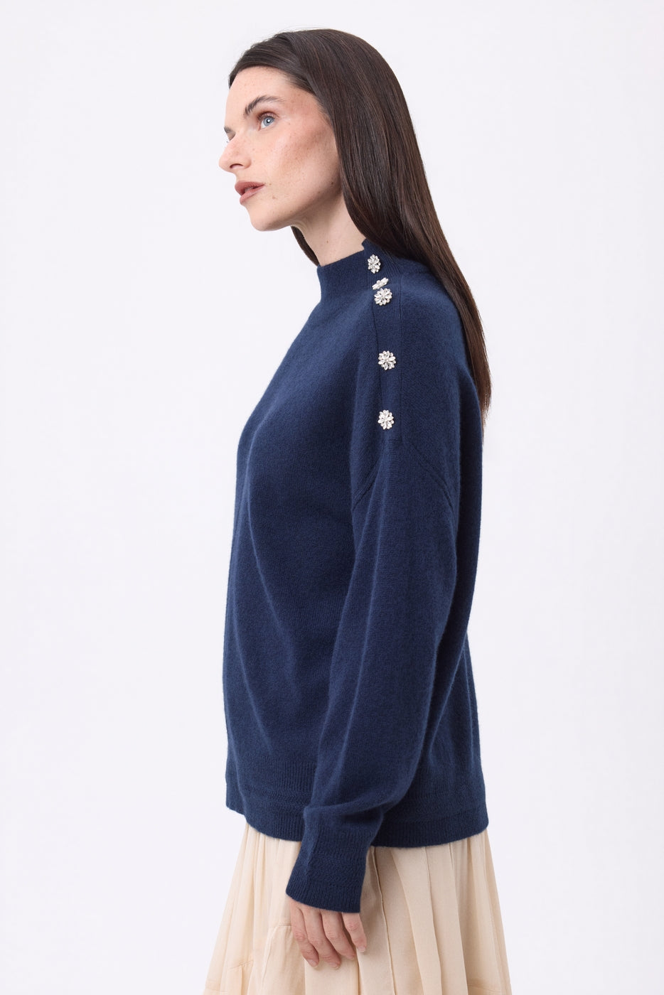 Pull Col Montant A Bijoux Baya - Bleu Marine-Boutons Argent - Femme