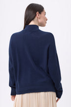 Pull Col Montant A Bijoux Baya - Bleu Marine-Boutons Argent - Femme