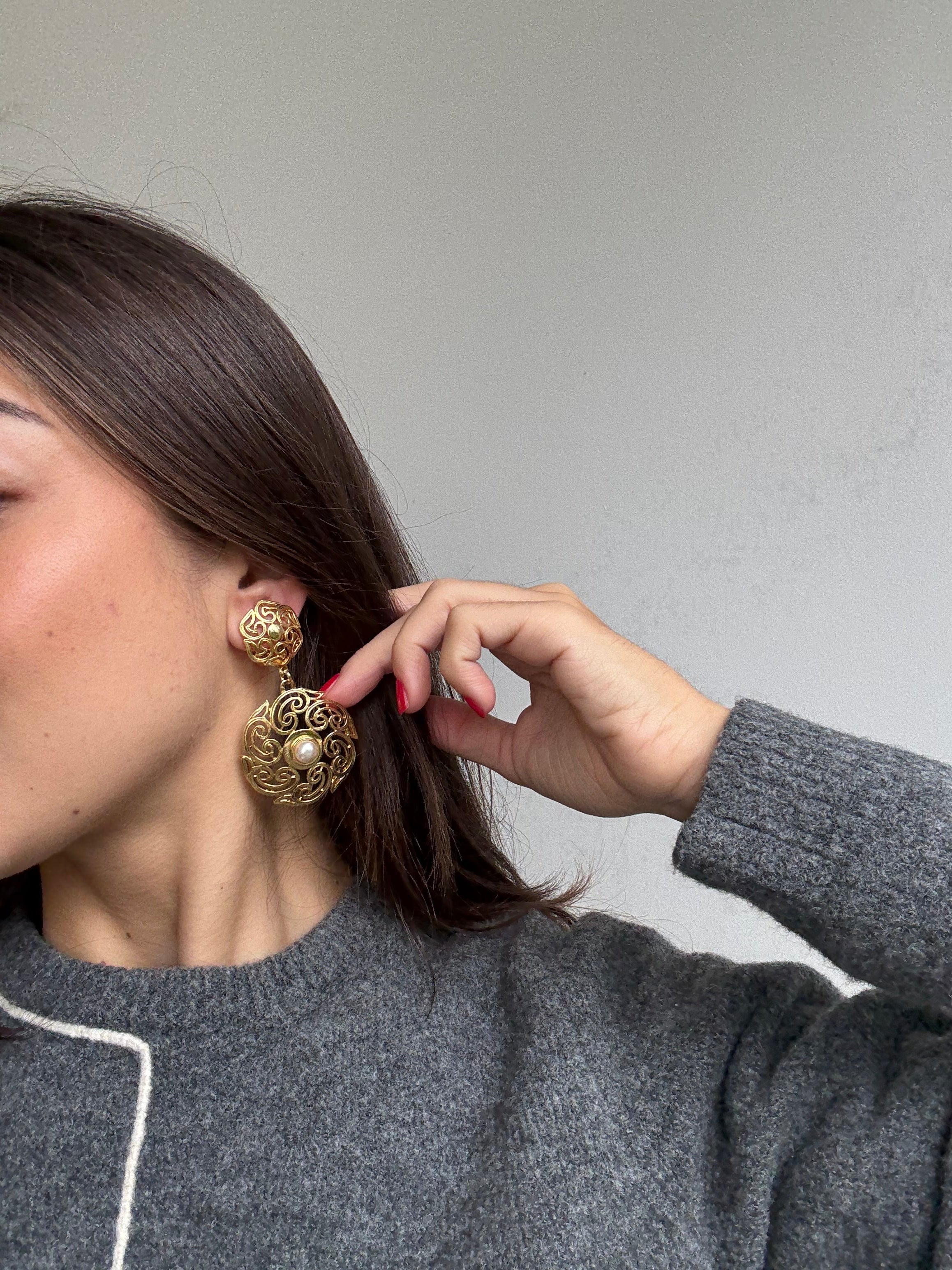 Vintage Earrings - Arabesque And Pearl Pendants