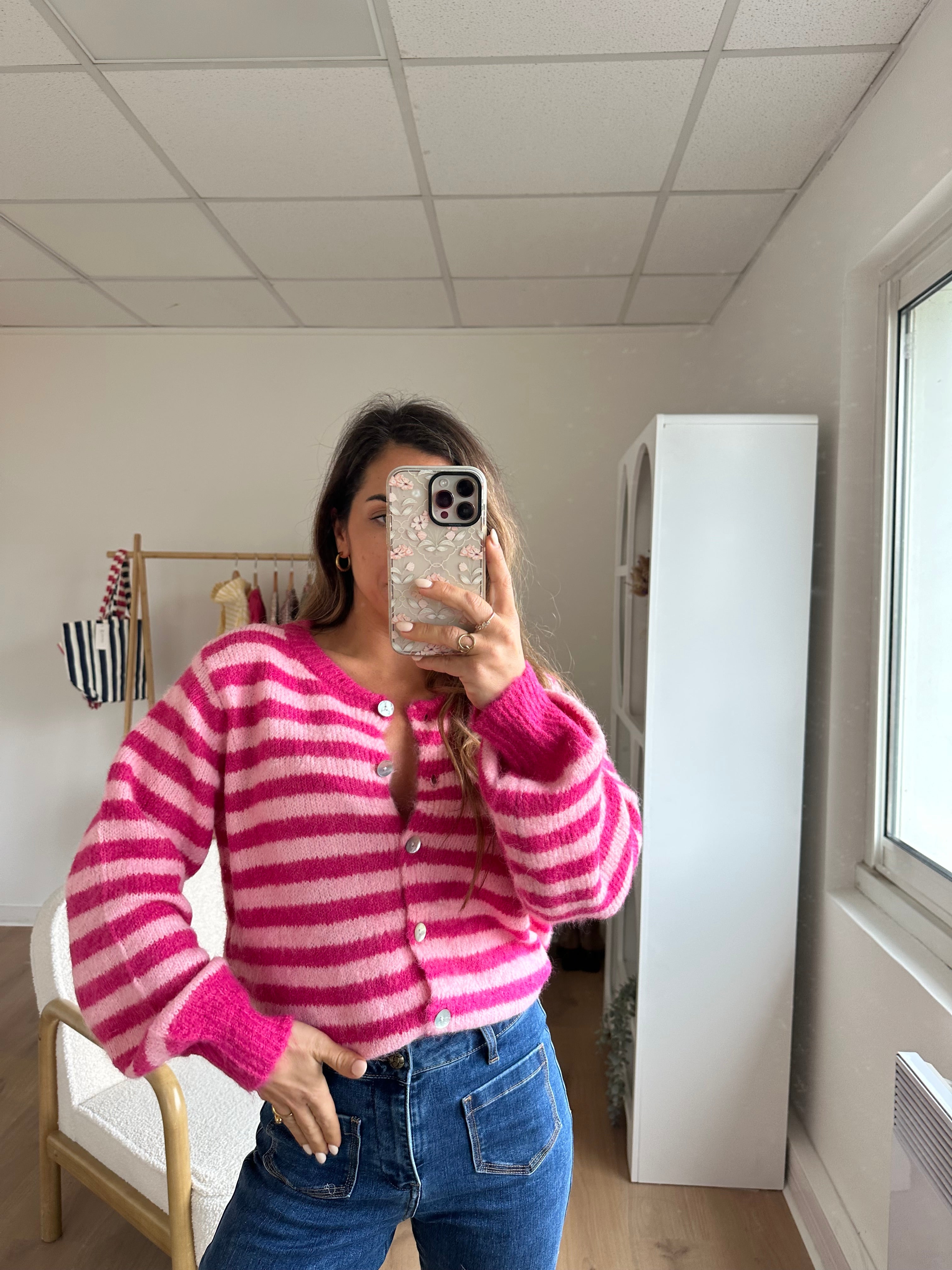 Cardigan Solela Rayé Rose Et Rouge