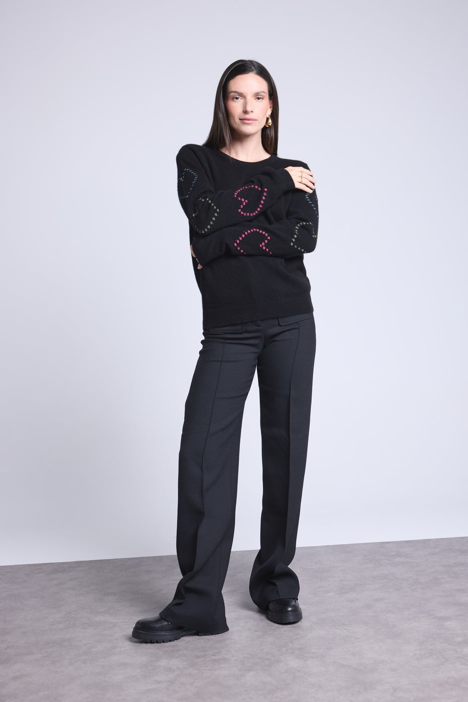 Jersey de cuello redondo con corazones Bubbles de cachemira Bea - Negro multicolor lúrex - Mujer
