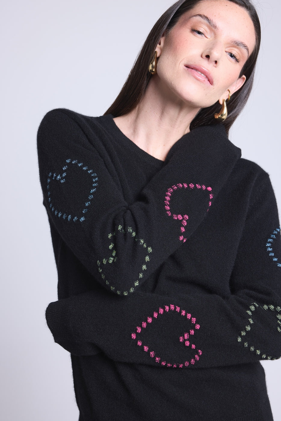 Jersey de cuello redondo con corazones Bubbles de cachemira Bea - Negro multicolor lúrex - Mujer