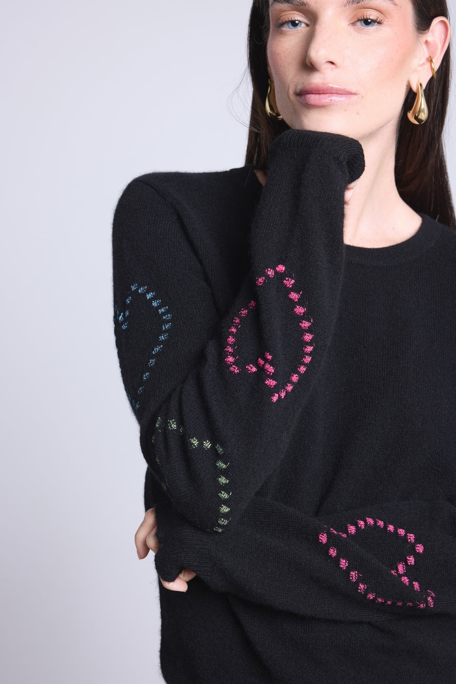 Jersey de cuello redondo con corazones Bubbles de cachemira Bea - Negro multicolor lúrex - Mujer