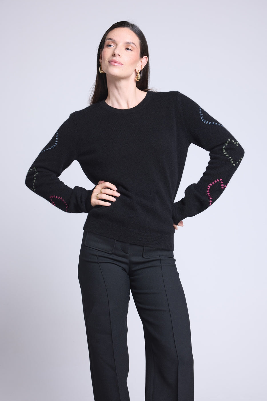 Jersey de cuello redondo con corazones Bubbles de cachemira Bea - Negro multicolor lúrex - Mujer