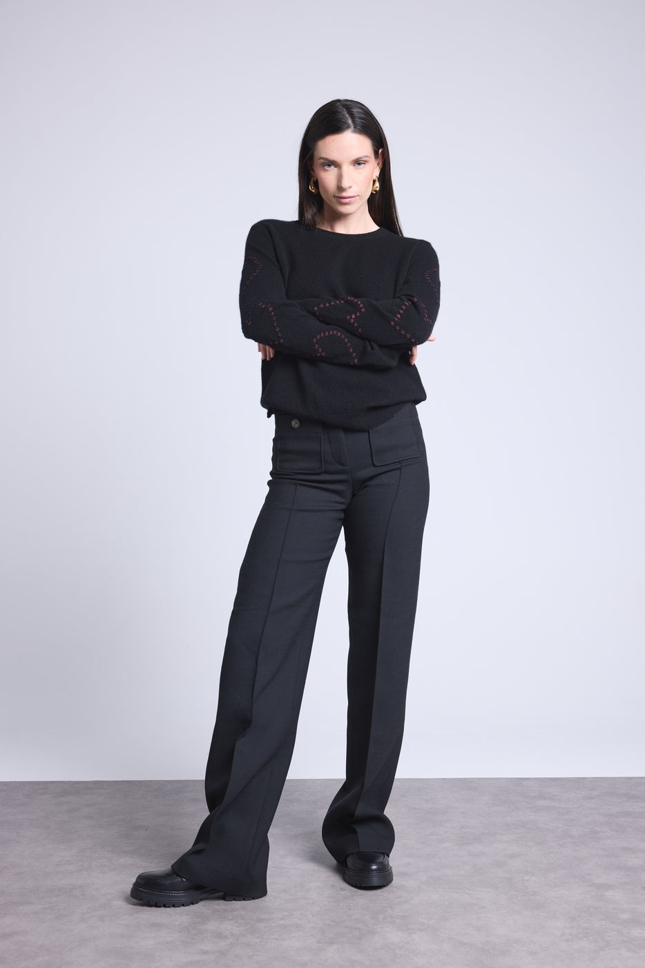 Jersey de cuello redondo con corazones de bolitas de cachemira Bea - Negro rosa lurex - Mujer