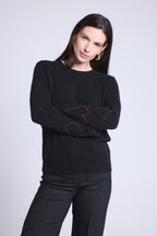 Jersey de cuello redondo con corazones de bolitas de cachemira Bea - Negro rosa lurex - Mujer