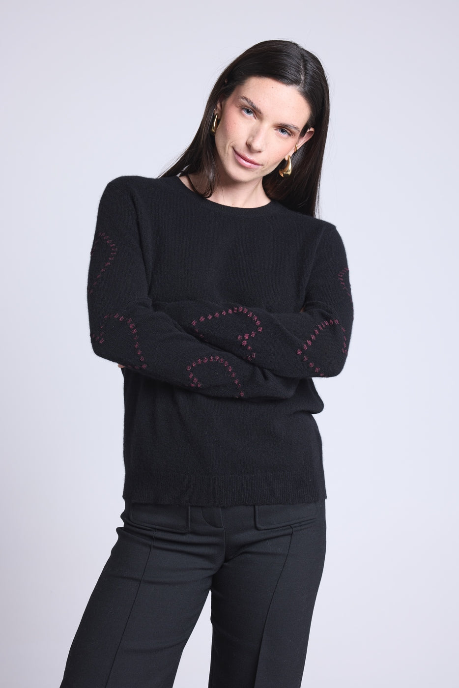Jersey de cuello redondo con corazones de bolitas de cachemira Bea - Negro rosa lurex - Mujer