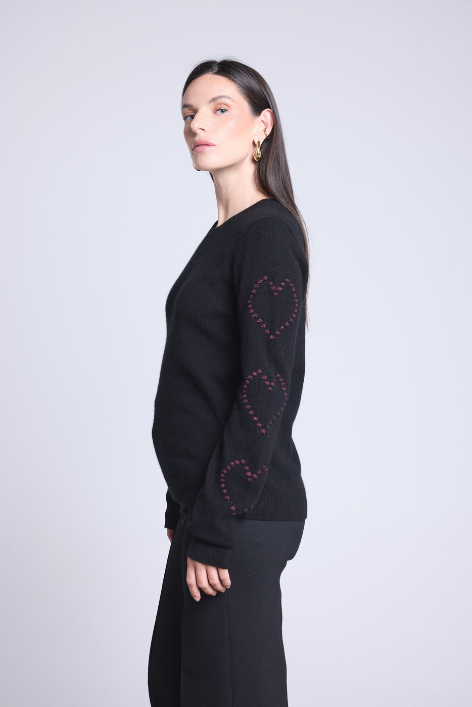 Jersey de cuello redondo con corazones de bolitas de cachemira Bea - Negro rosa lurex - Mujer