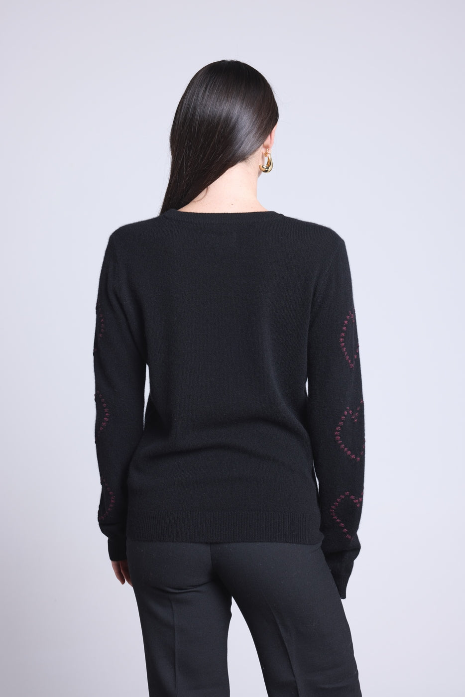 Jersey de cuello redondo con corazones de bolitas de cachemira Bea - Negro rosa lurex - Mujer