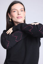 Jersey de cuello redondo con corazones de bolitas de cachemira Bea - Negro rosa lurex - Mujer