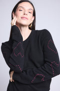 Jersey de cuello redondo con corazones de bolitas de cachemira Bea - Negro rosa lurex - Mujer