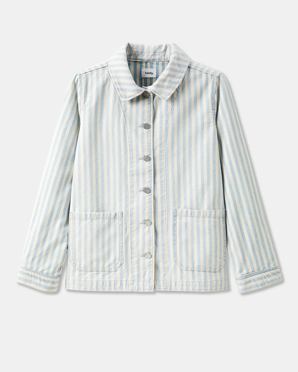 Veste en coton léger à rayures bleues et blanches, coupe droite décontractée avec poches plaquées et boutons métalliques, idéale pour un style casual féminin.