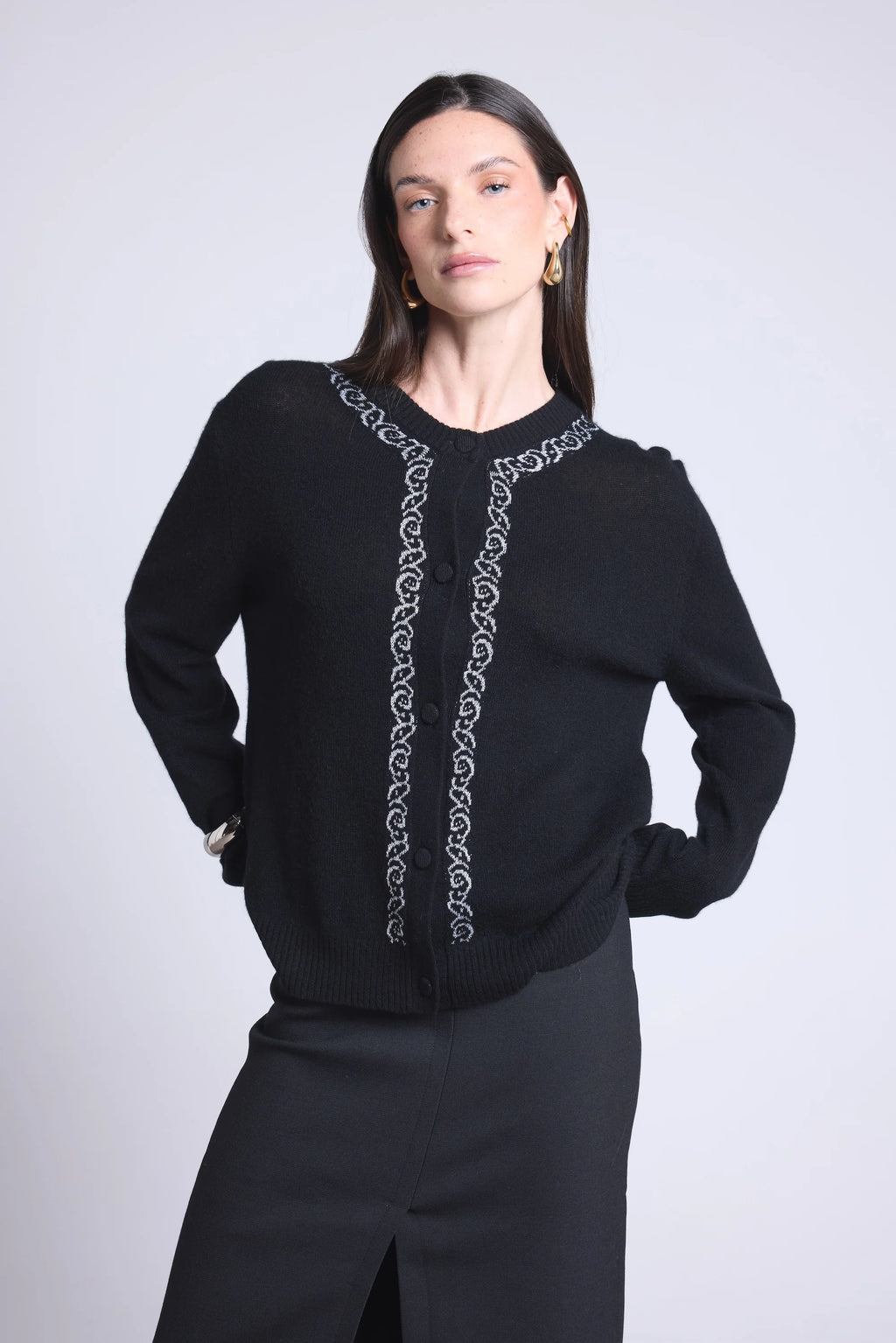 Cárdigan Betty con bordado de lúrex - Negro con lúrex plateado - Mujer