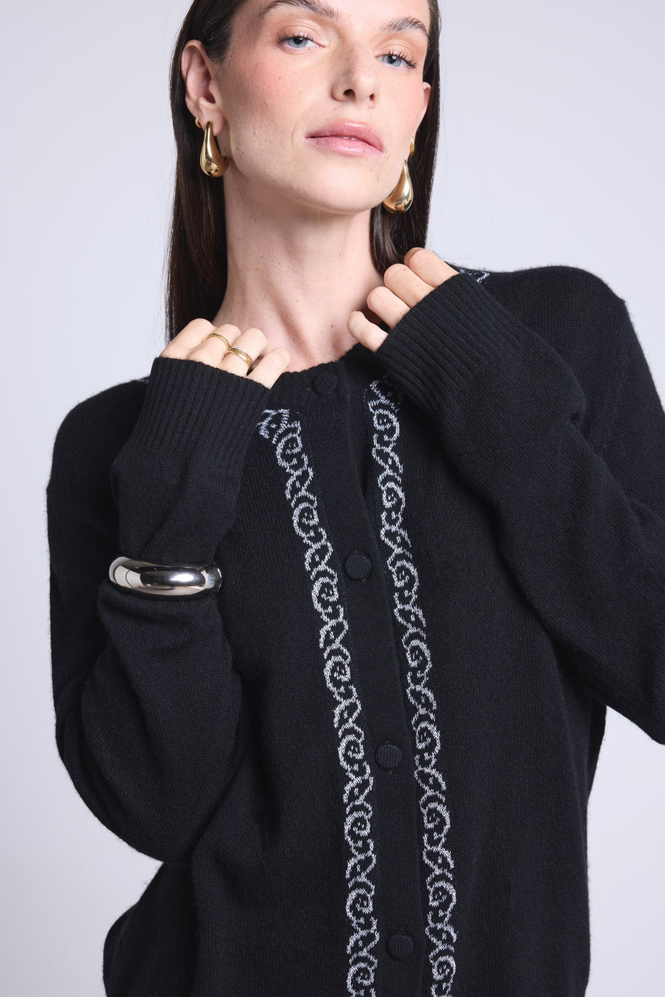Cárdigan Betty con bordado de lúrex - Negro con lúrex plateado - Mujer