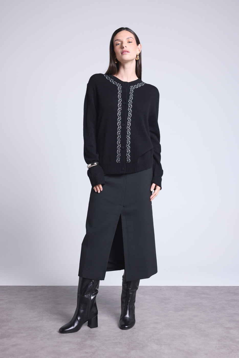 Cárdigan Betty con bordado de lúrex - Negro con lúrex plateado - Mujer