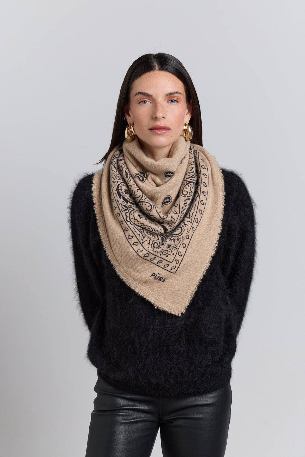 Large Presley Cashmere Bandana Scarf - Ecoland Beige & Black - Unisex