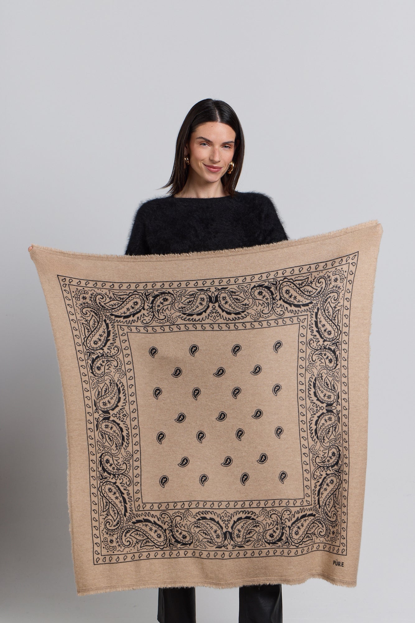 Large Presley Cashmere Bandana Scarf - Ecoland Beige & Black - Unisex