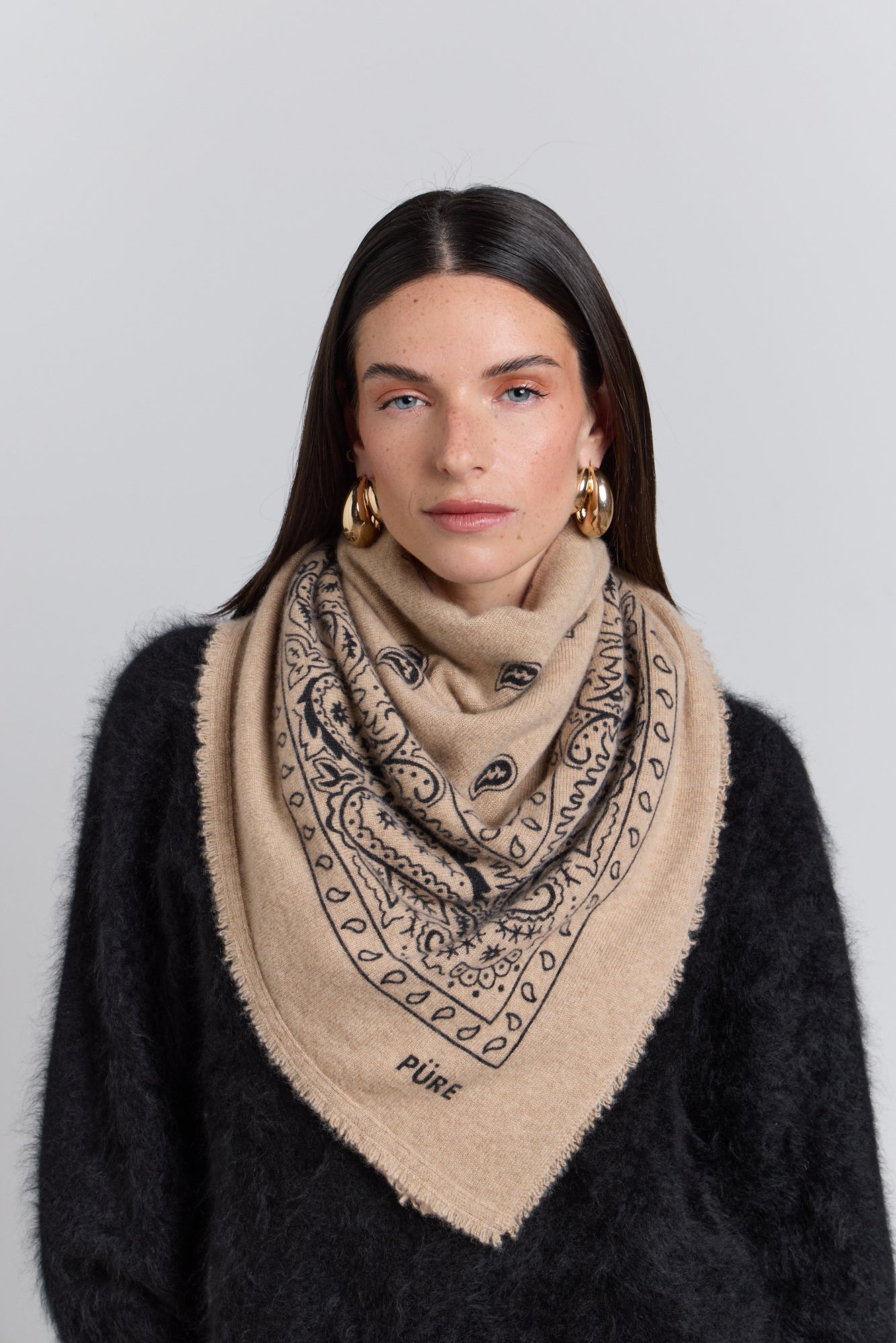 Large Presley Cashmere Bandana Scarf - Ecoland Beige & Black - Unisex