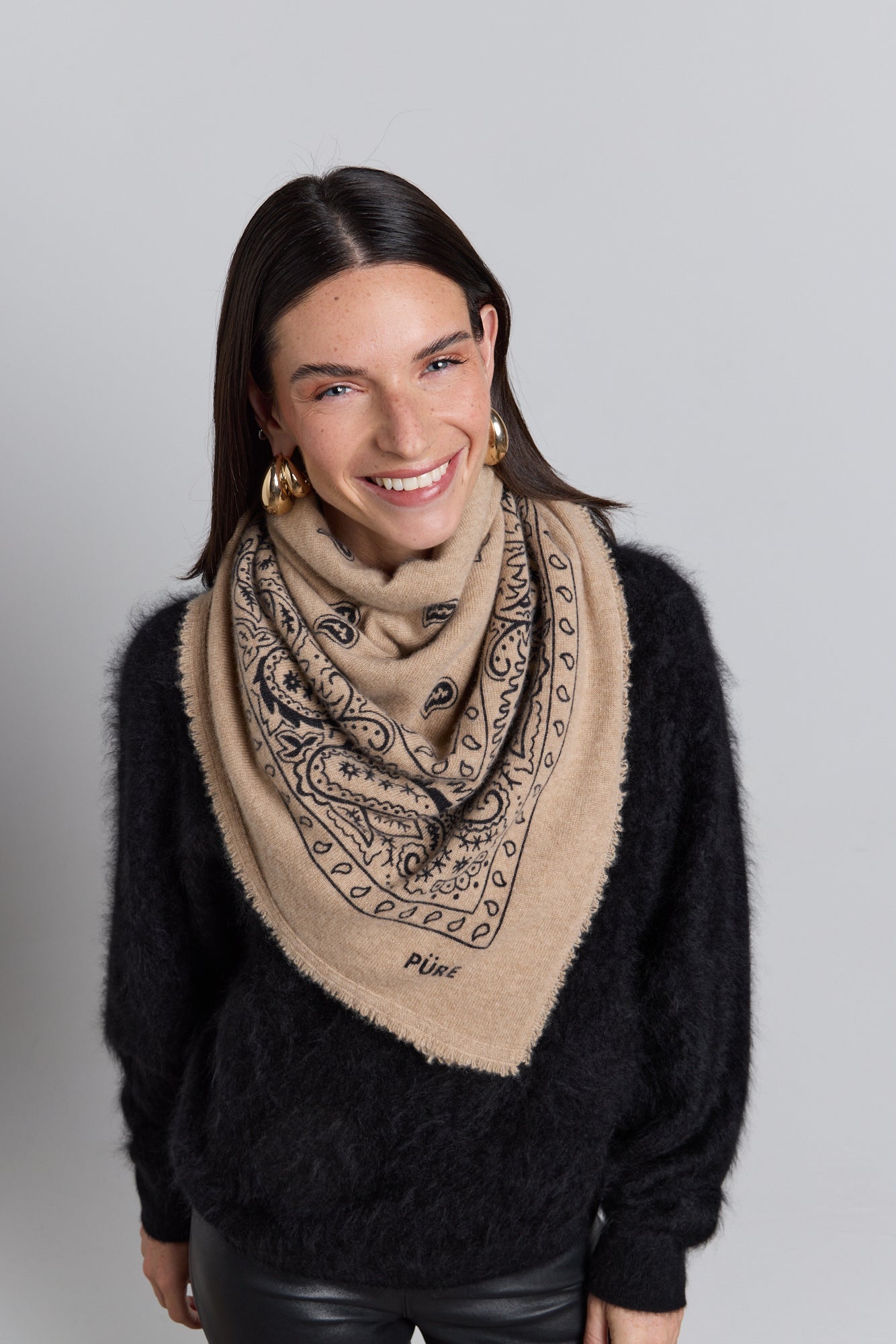 Large Presley Cashmere Bandana Scarf - Ecoland Beige & Black - Unisex