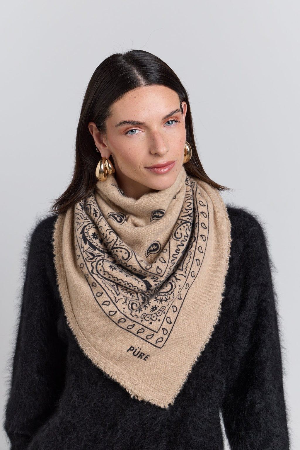 Large Presley Cashmere Bandana Scarf - Ecoland Beige & Black - Unisex