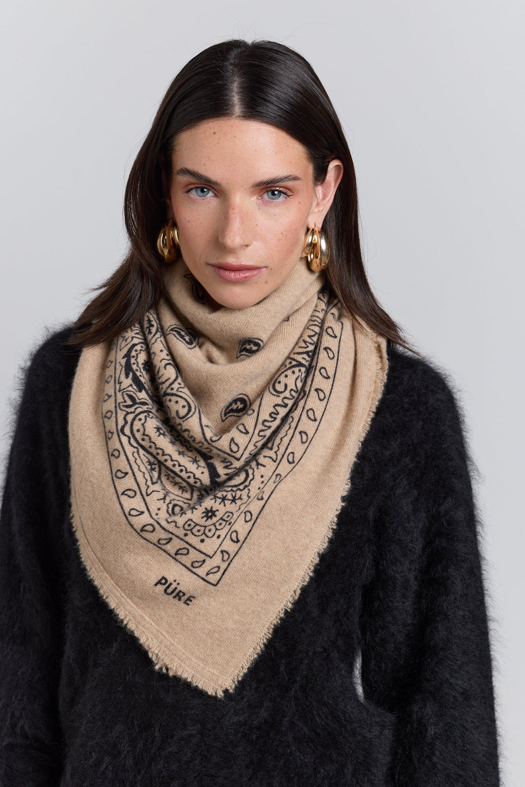 Large Presley Cashmere Bandana Scarf - Ecoland Beige & Black - Unisex