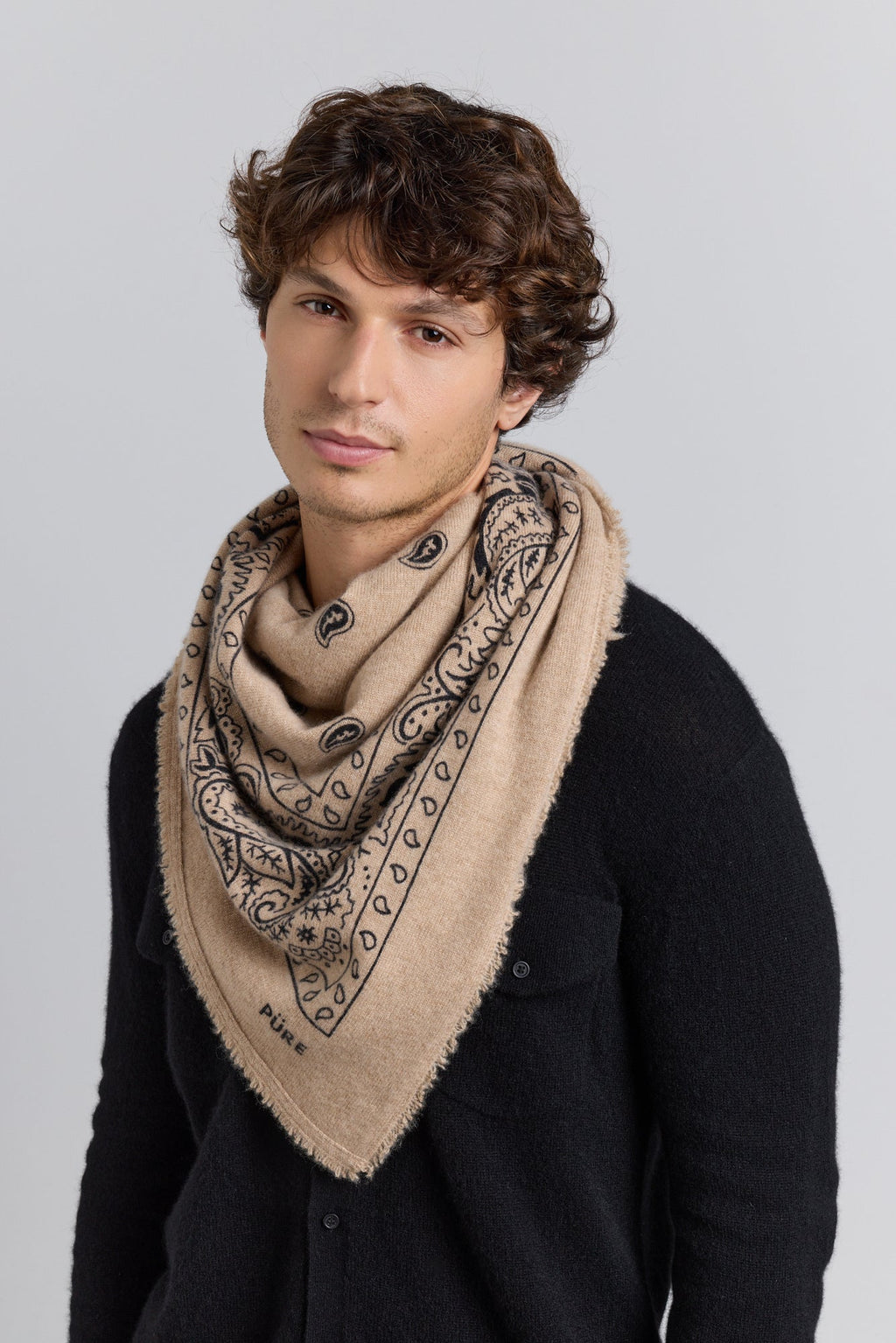 Large Presley Cashmere Bandana Scarf - Ecoland Beige & Black - Unisex
