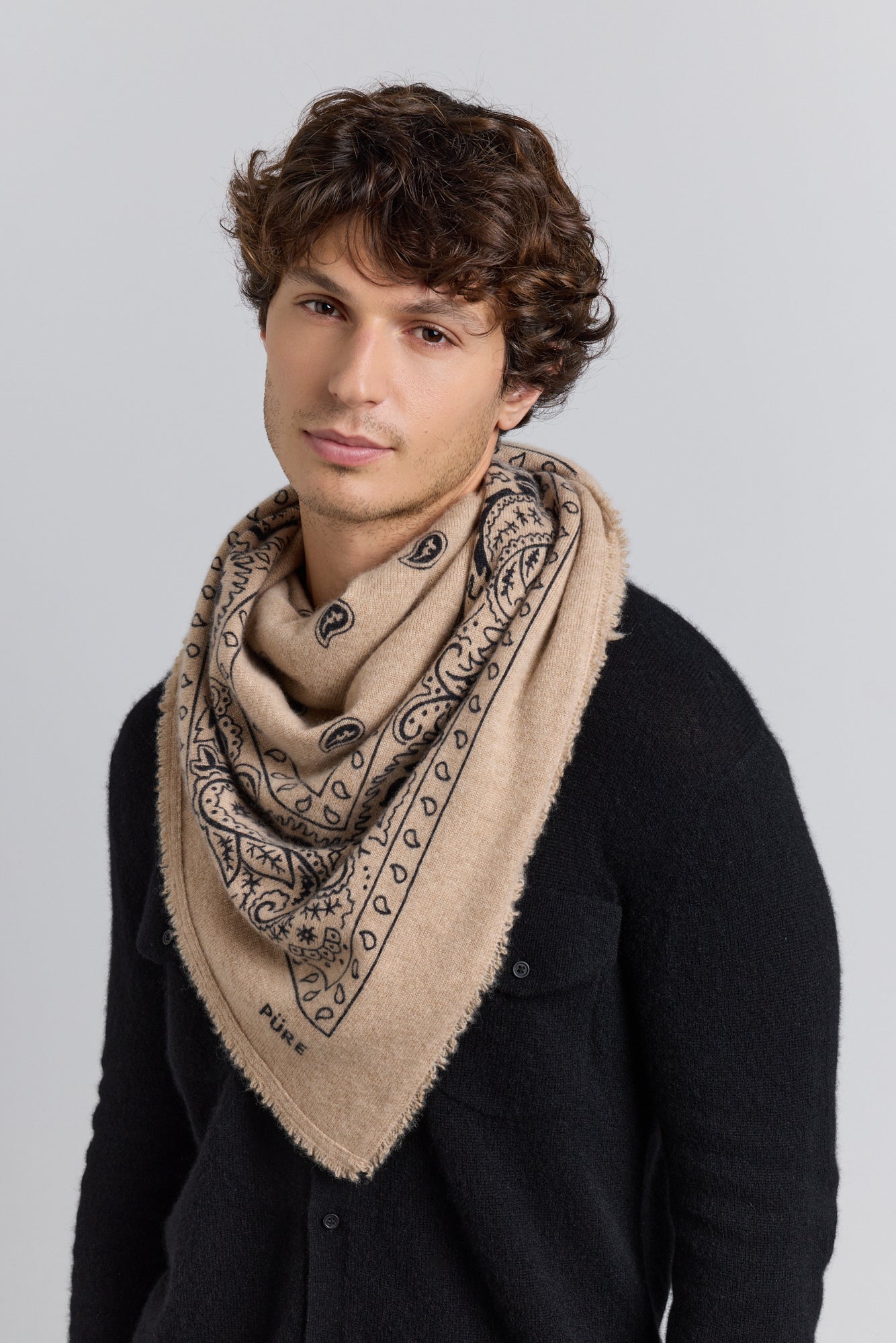 Large Presley Cashmere Bandana Scarf - Ecoland Beige & Black - Unisex