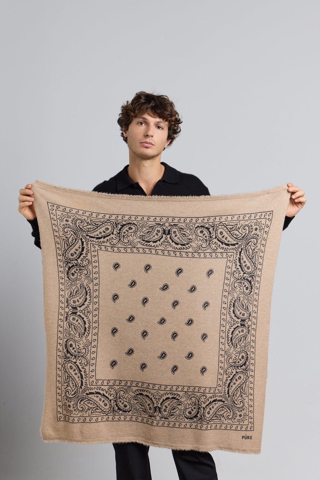 Large Presley Cashmere Bandana Scarf - Ecoland Beige & Black - Unisex