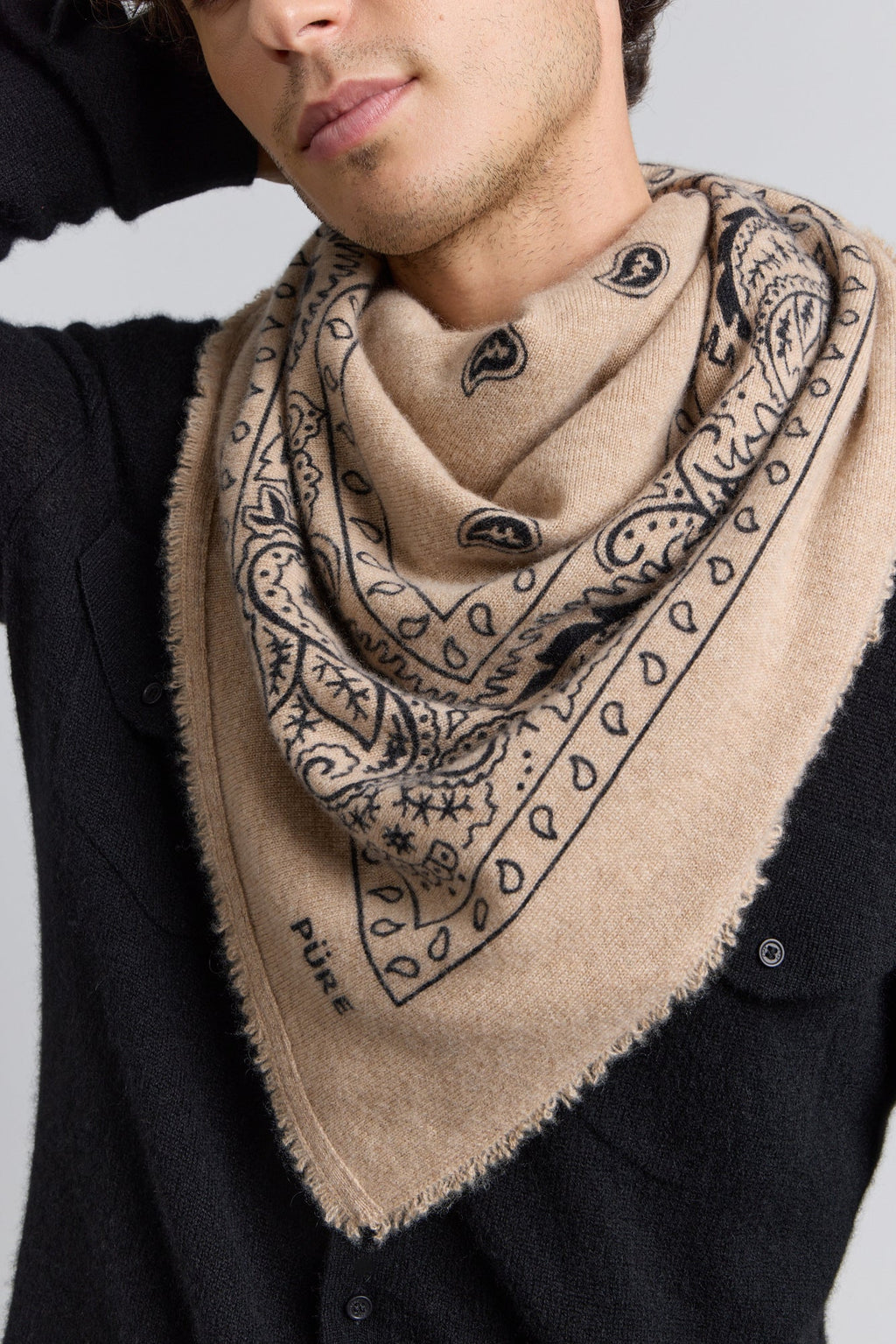 Large Presley Cashmere Bandana Scarf - Ecoland Beige & Black - Unisex