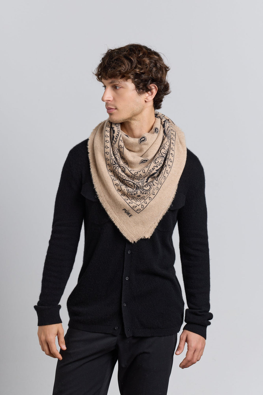 Large Presley Cashmere Bandana Scarf - Ecoland Beige & Black - Unisex