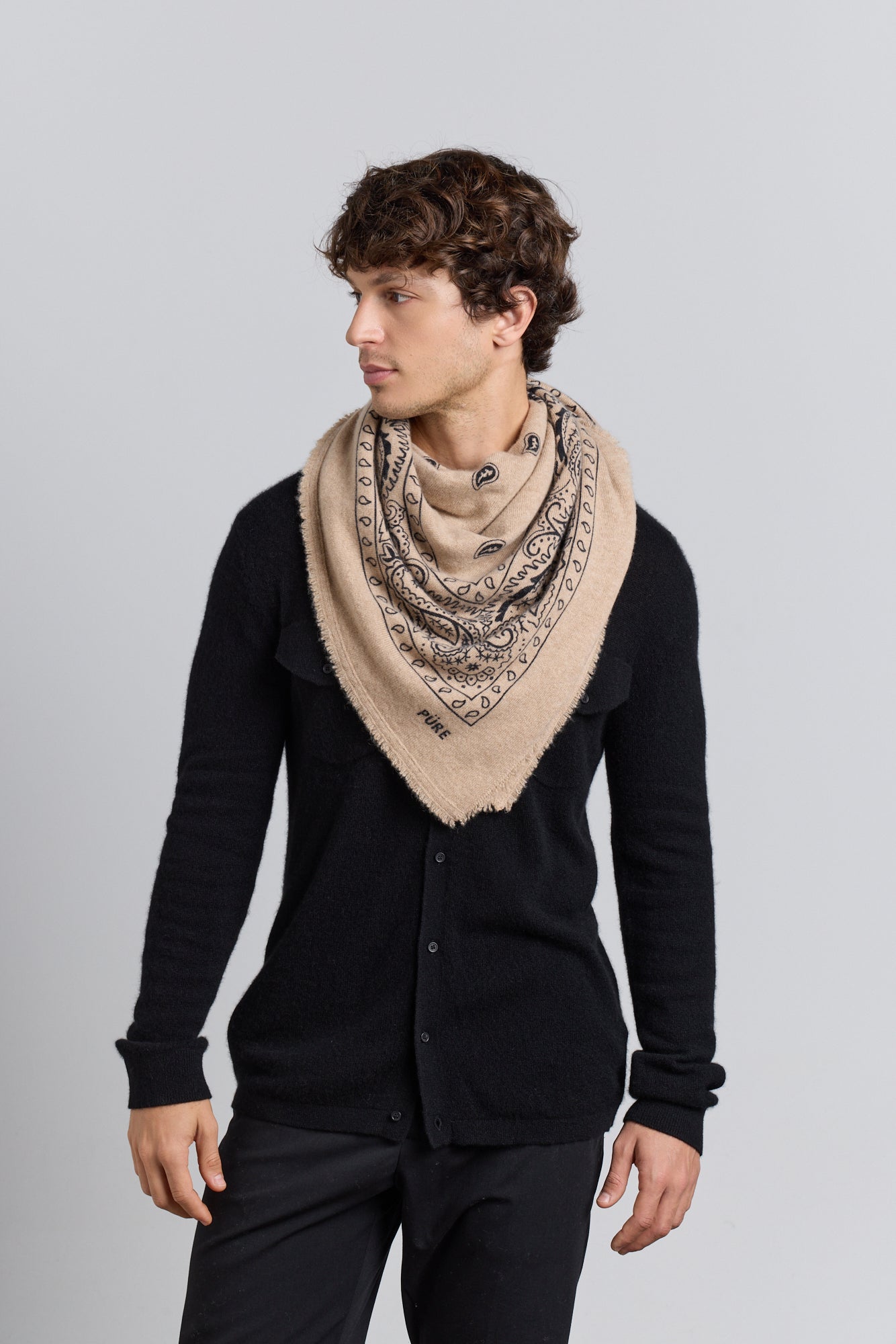 Large Presley Cashmere Bandana Scarf - Ecoland Beige & Black - Unisex