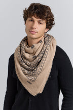 Large Presley Cashmere Bandana Scarf - Ecoland Beige & Black - Unisex