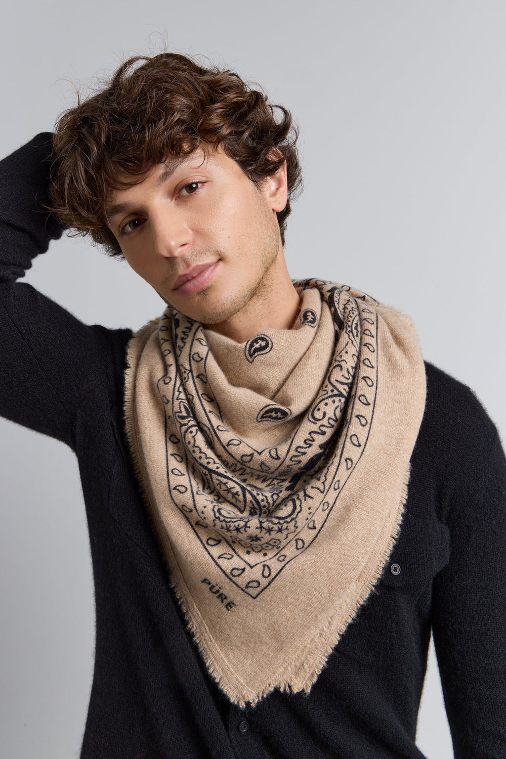 Large Presley Cashmere Bandana Scarf - Ecoland Beige & Black - Unisex