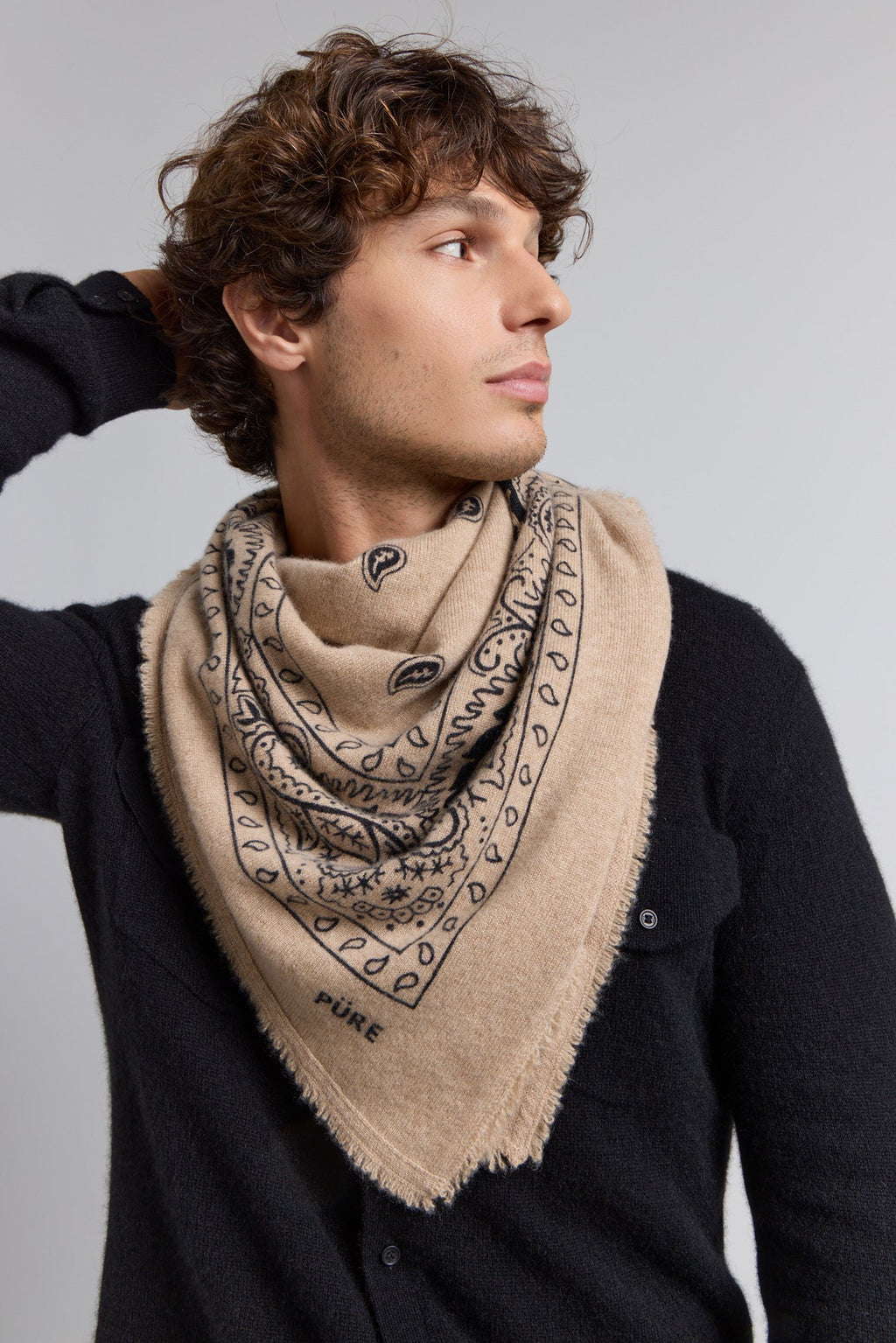 Large Presley Cashmere Bandana Scarf - Ecoland Beige & Black - Unisex