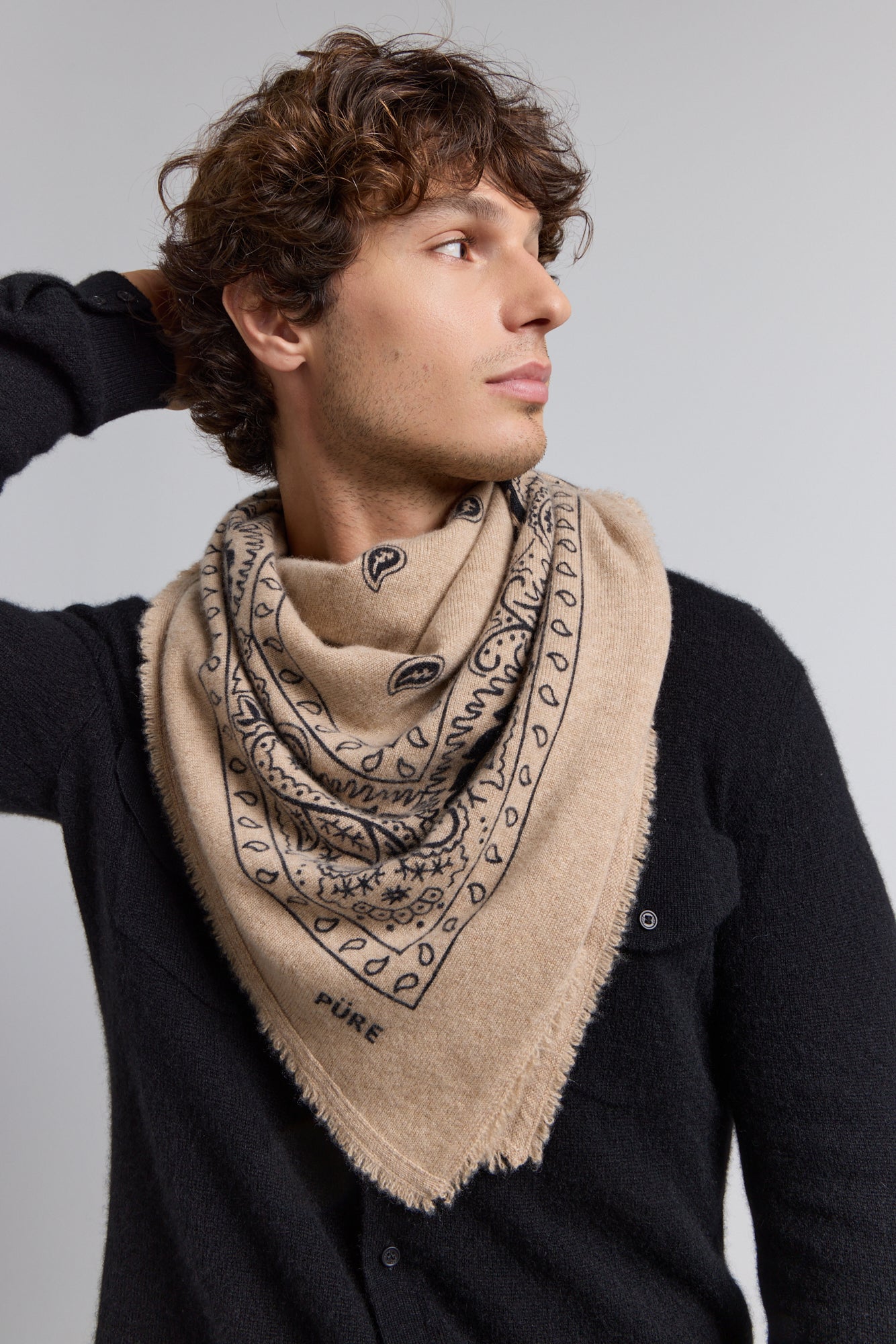 Large Presley Cashmere Bandana Scarf - Ecoland Beige & Black - Unisex
