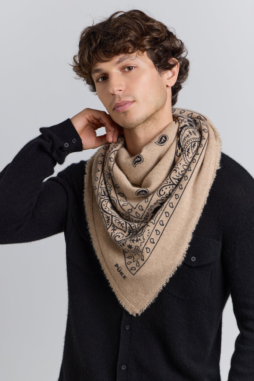 Large Presley Cashmere Bandana Scarf - Ecoland Beige & Black - Unisex
