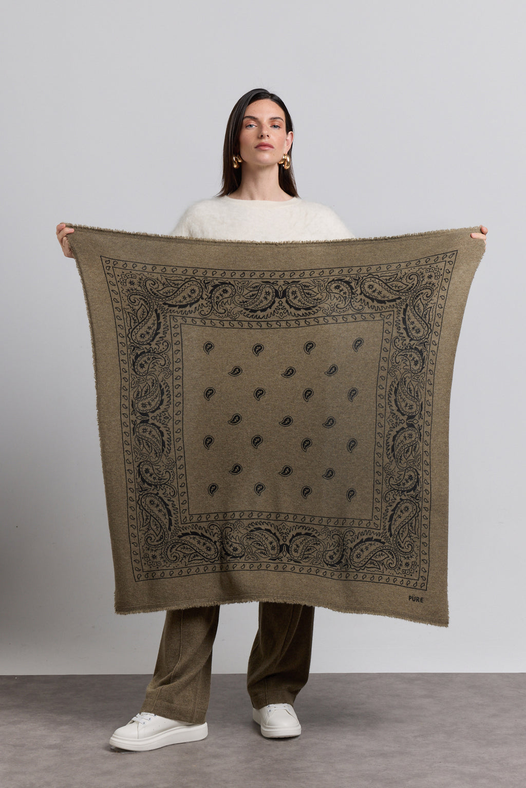 Grande Echarpe Bandana Presley En Cachemire - Vert Khaki & Noir