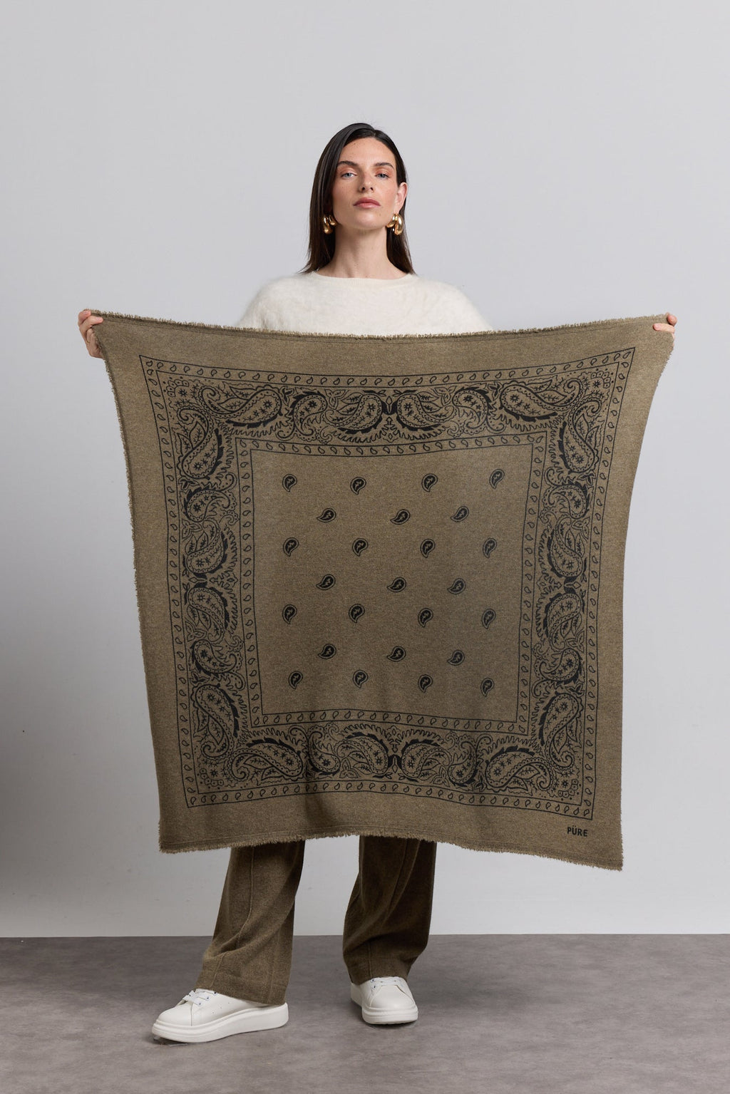 Grande Echarpe Bandana Presley En Cachemire - Vert Khaki & Noir