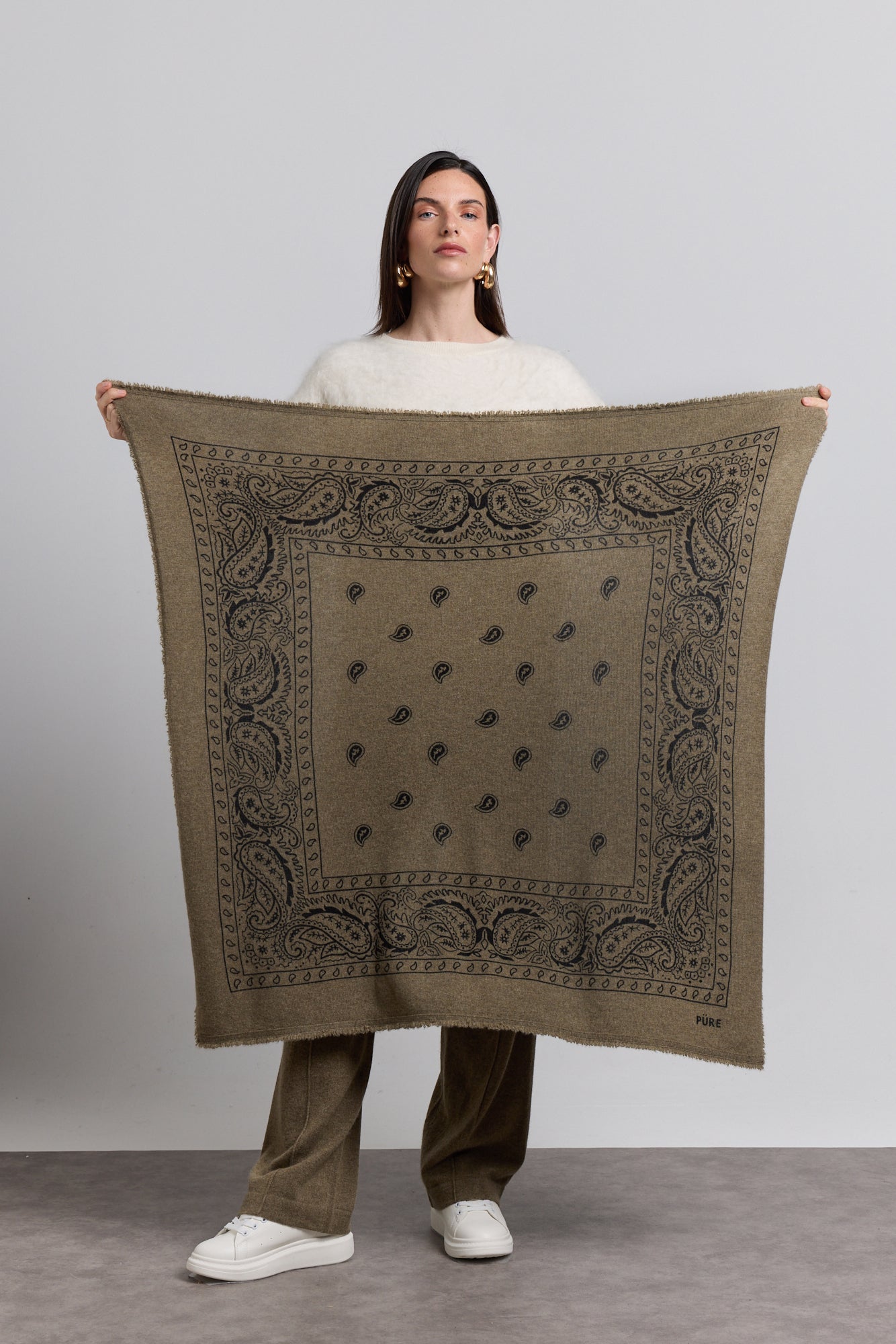 Grande Echarpe Bandana Presley En Cachemire - Vert Khaki & Noir