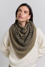 Grande Echarpe Bandana Presley En Cachemire - Vert Khaki & Noir