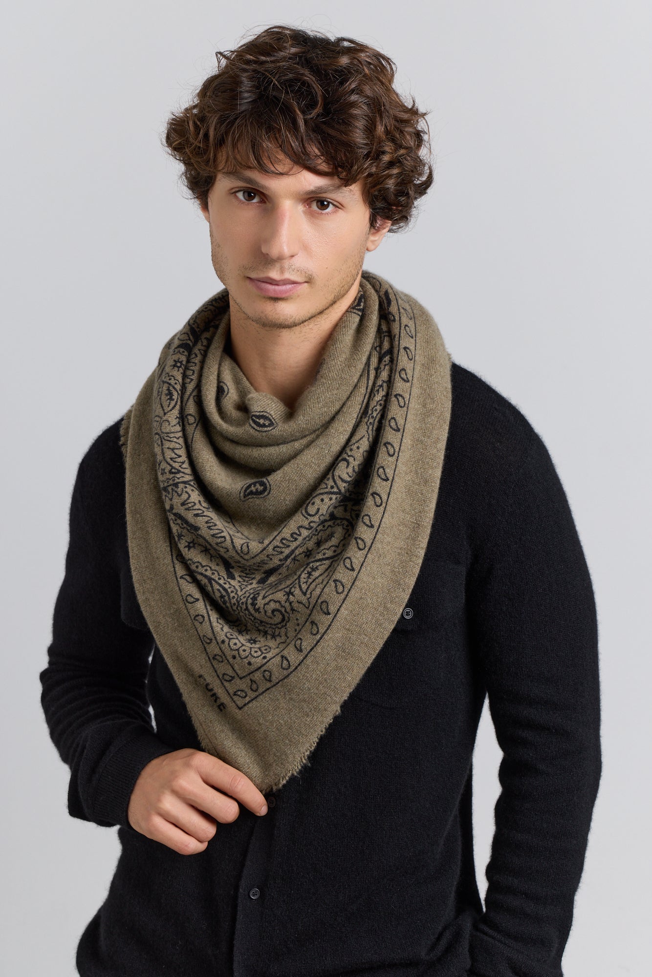 Grande Echarpe Bandana Presley En Cachemire - Vert Khaki & Noir