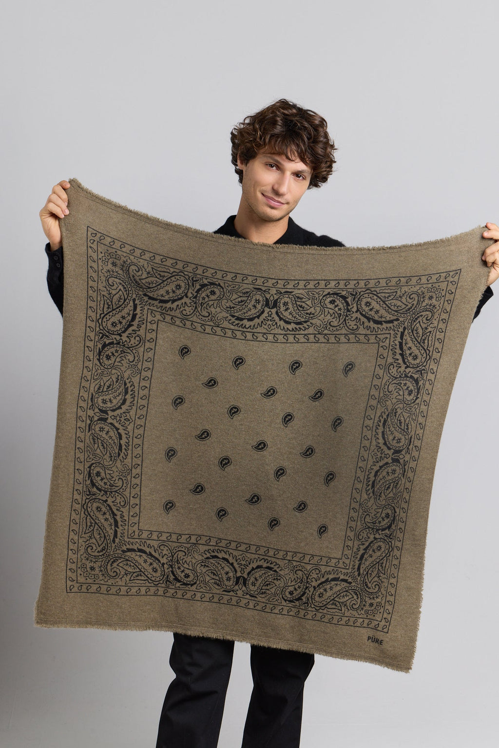 Grande Echarpe Bandana Presley En Cachemire - Vert Khaki & Noir