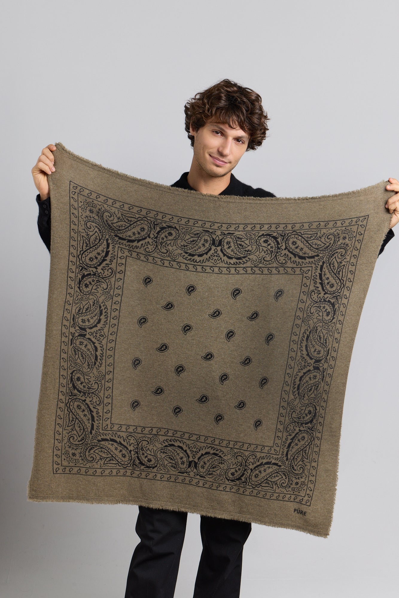 Grande Echarpe Bandana Presley En Cachemire - Vert Khaki & Noir