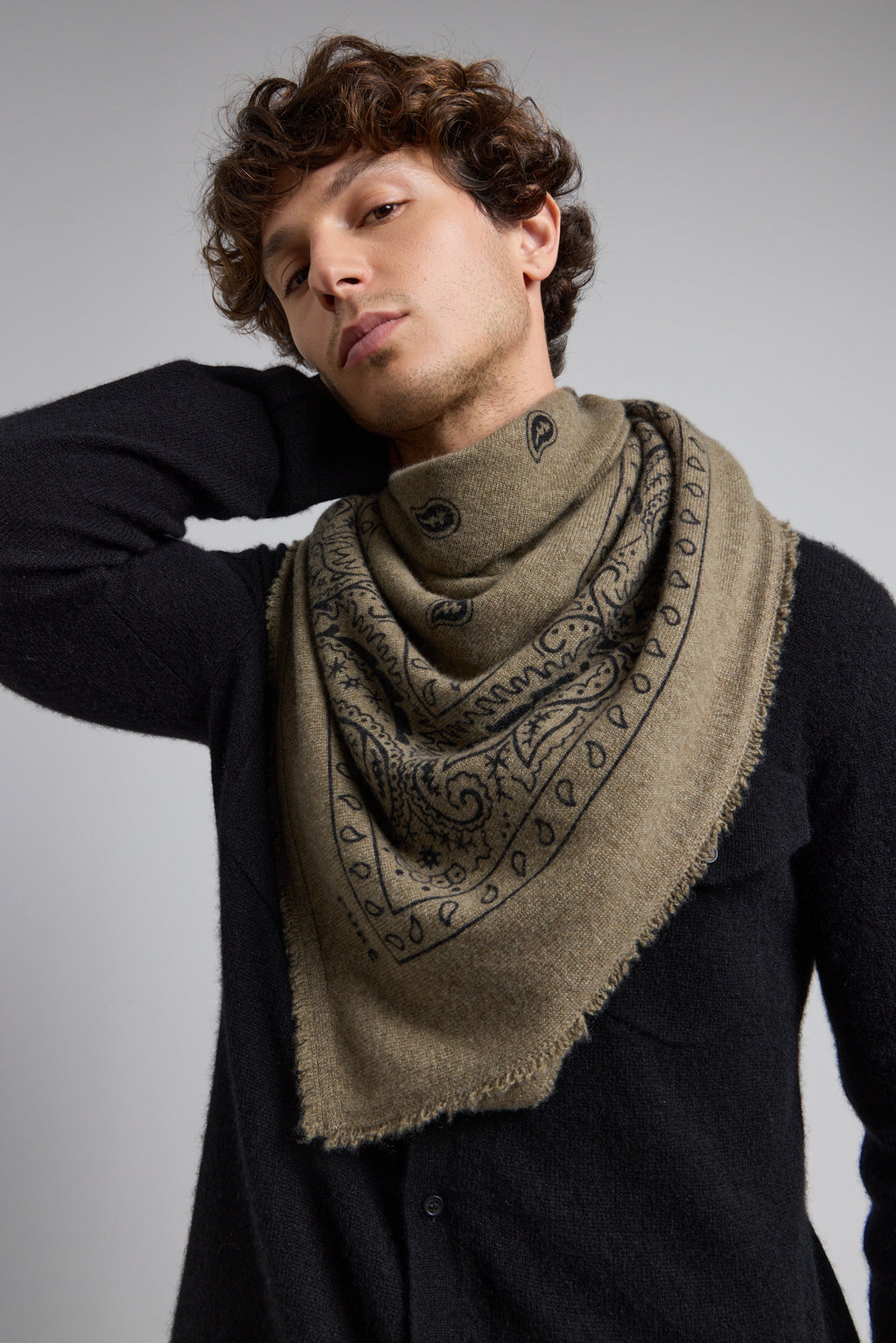Grande Echarpe Bandana Presley En Cachemire - Vert Khaki & Noir